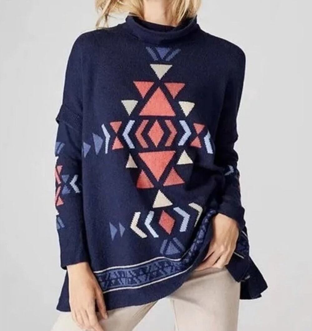 J Jill Poncho Sweater Size XL Petite Blue Southwestern Intarsia Funnel Neck Knit